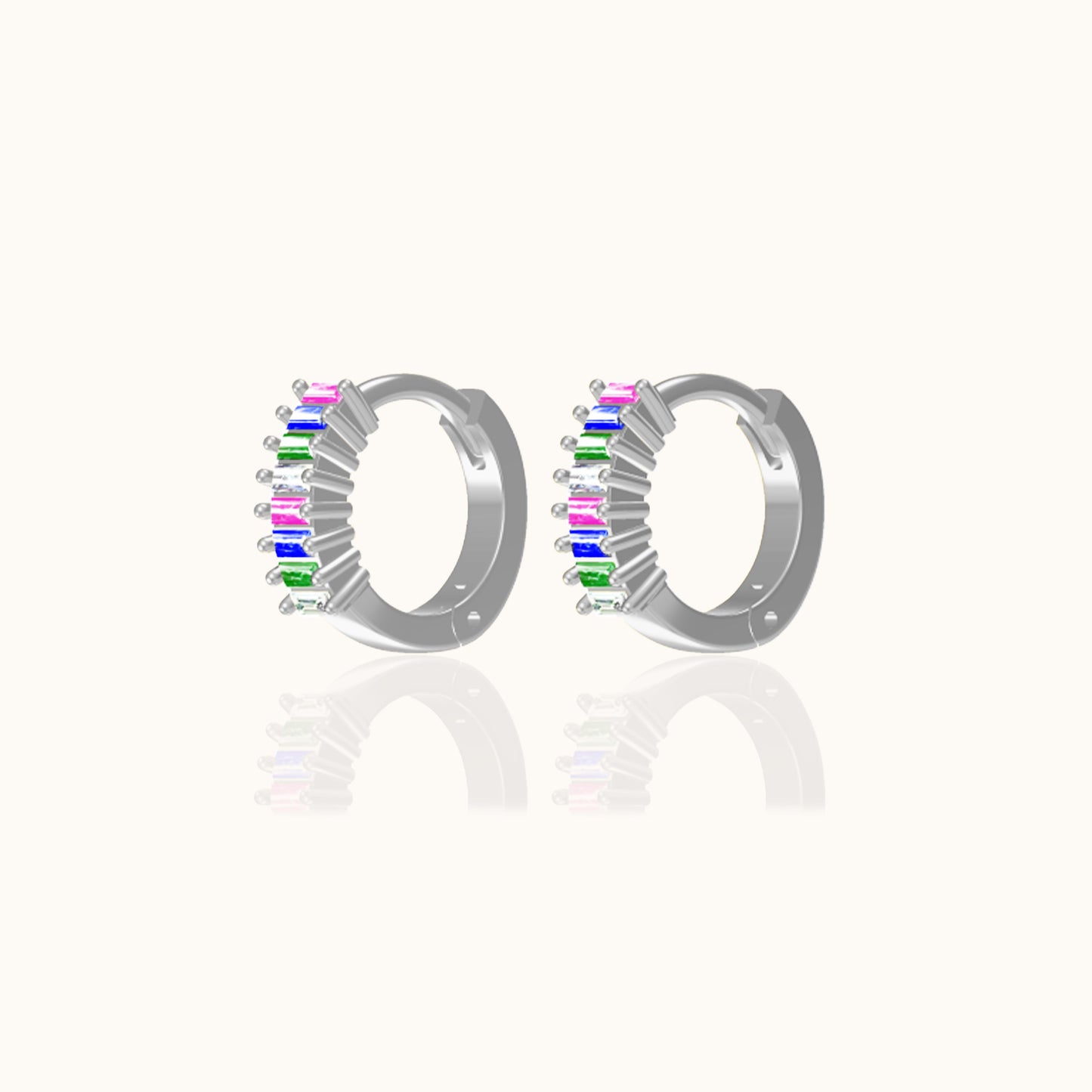 Rainbow Colored Baguette CZ Pave Huggie Hoop Earrings