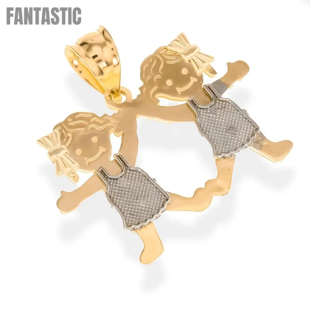 Real Gold 14K TRI-COLOR GIRL & GIRL  Pendant | 14K Gold