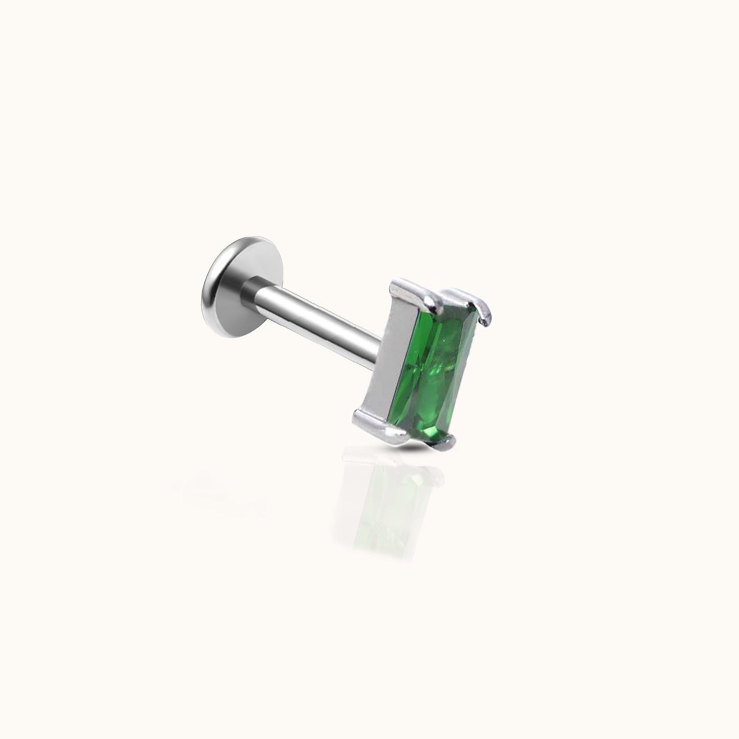 Rectangle Green CZ Threadless Labret Titanium Flat Back Earring