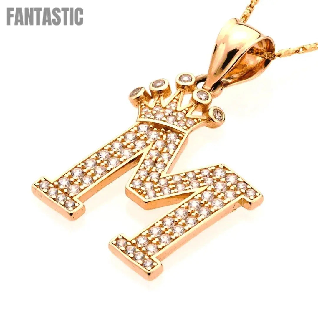 14K Gold CZ Crown Initial Letter M Pendant