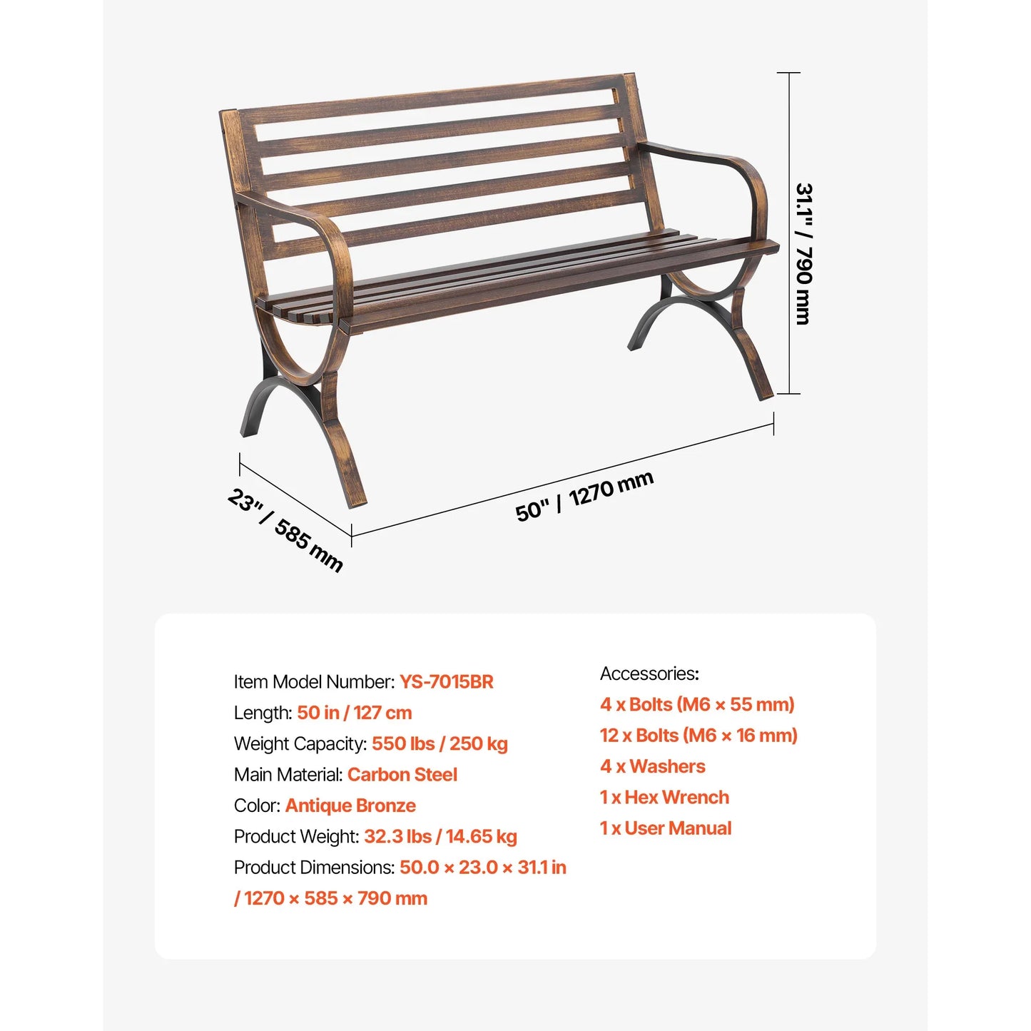 SucceBuy Outdoor Bench Wooden Metal Garden Bench for Outdoors 480 lbs Load Capacity Bench Outdoor Garden Park Bench