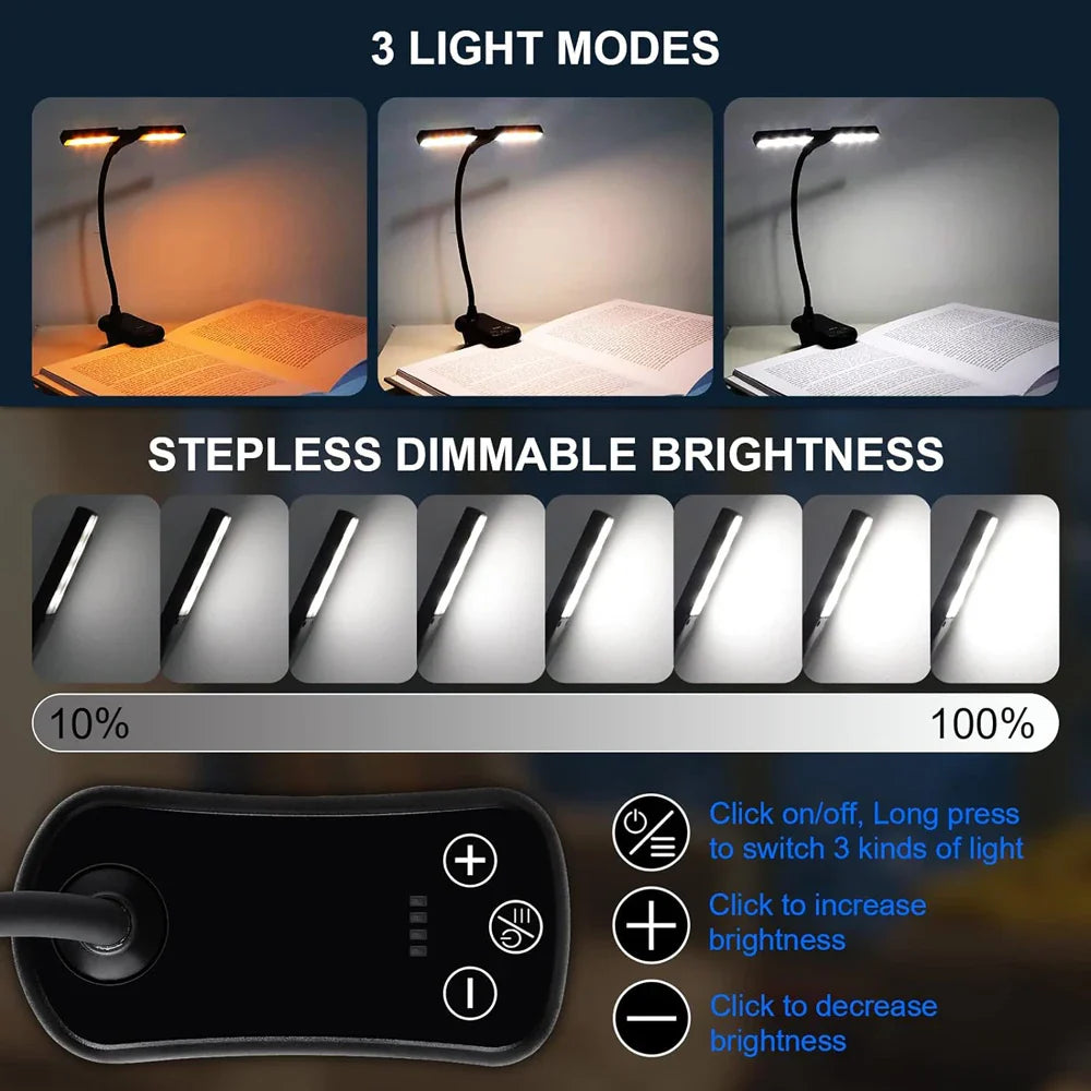 Dual Heads 14 LED Touch Control Reading Light with 3 Colors&8 Brightness USB Rechargeable Eye Care Book Light Clip on Book/Desk