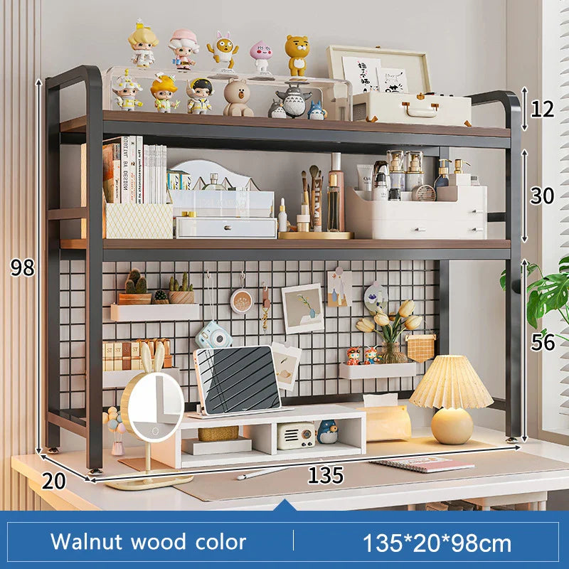 Bookcase With Grid Bookshelf Desktop Multi-layer Wrought Iron Shelf Student Computer Desk Table Hole Board Table Wooden Shelves
