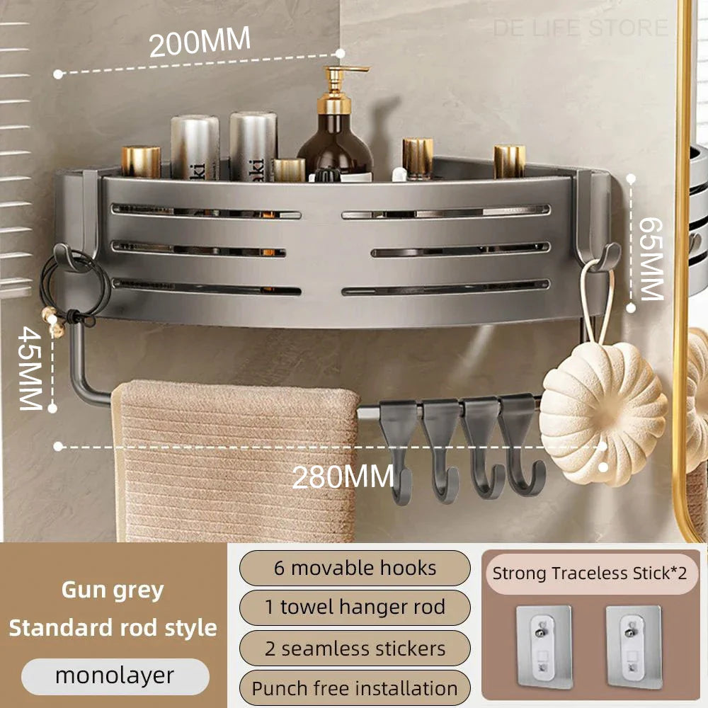1-2PCS Bathroom Corner Shelf with Plastic Hook Towel Bar No Drill Space Aluminum Shower Storage Rack Bathroom Organizer