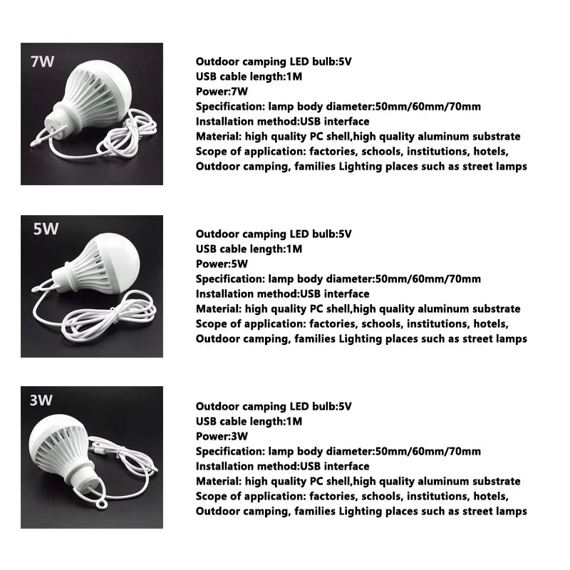 3W 5W 7W USB Lamp Bulb Portable Camping Lantern Lamp LED Power Reading Book Light For Outdoor Camping Tent Emergency Lighting