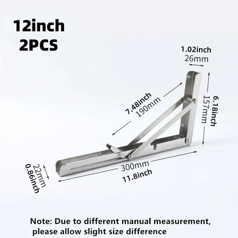 2Pcs Triangle Folding Angle Shelf Bracket Heavy Duty Stainless Steel Collapsible Shelf Bracket for Table Work Bench Wall Mounted
