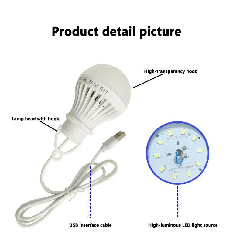 3W 5W 7W USB Lamp Bulb Portable Camping Lantern Lamp LED Power Reading Book Light For Outdoor Camping Tent Emergency Lighting