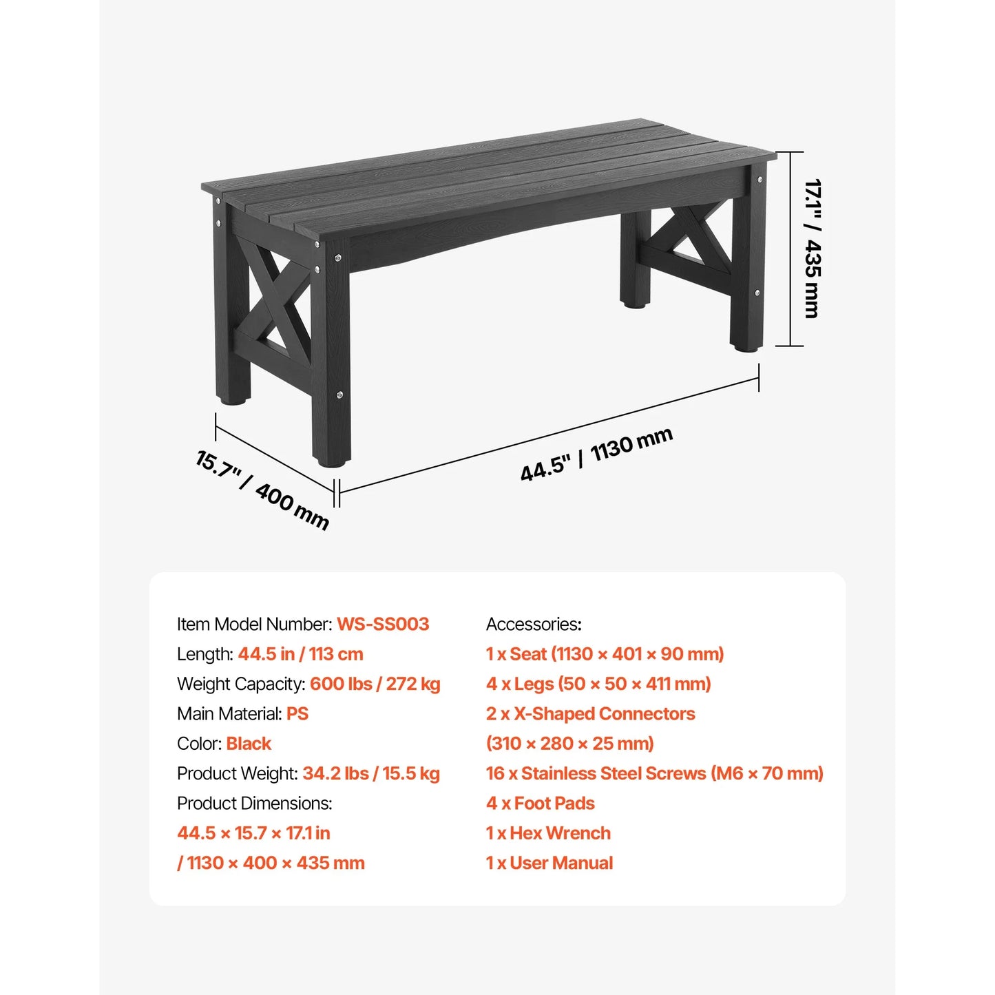 SucceBuy Outdoor Bench Wooden Metal Garden Bench for Outdoors 480 lbs Load Capacity Bench Outdoor Garden Park Bench