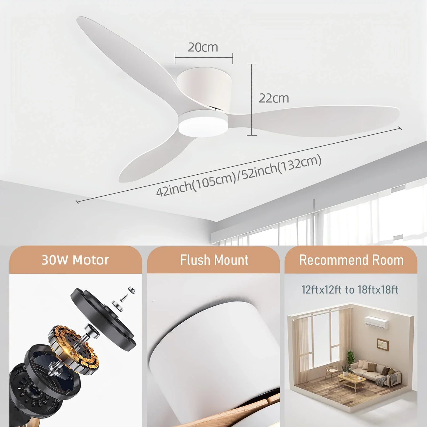 IRALAN Modern Ceiling Fan with LED Light DC motor Large Air Volume Remote Control for Kitchen Bedroom Dining room Patio