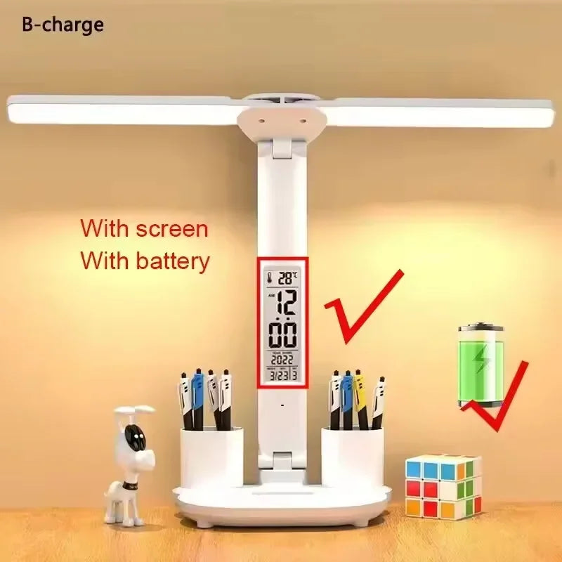 LED Table Lamp Double-Headed USB Chargeable Dimmable Desk Lamp with Calendar Clock Foldable Eye Protection Reading Night Light