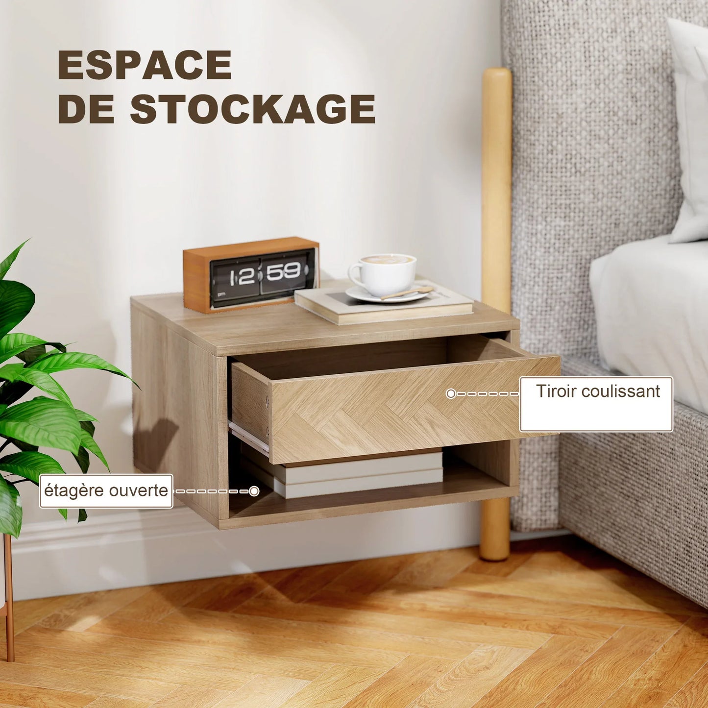 HOMCOM set of 2 Wall bedside table tables, hanging night tables with sliding drawer, open compartment, tray, style