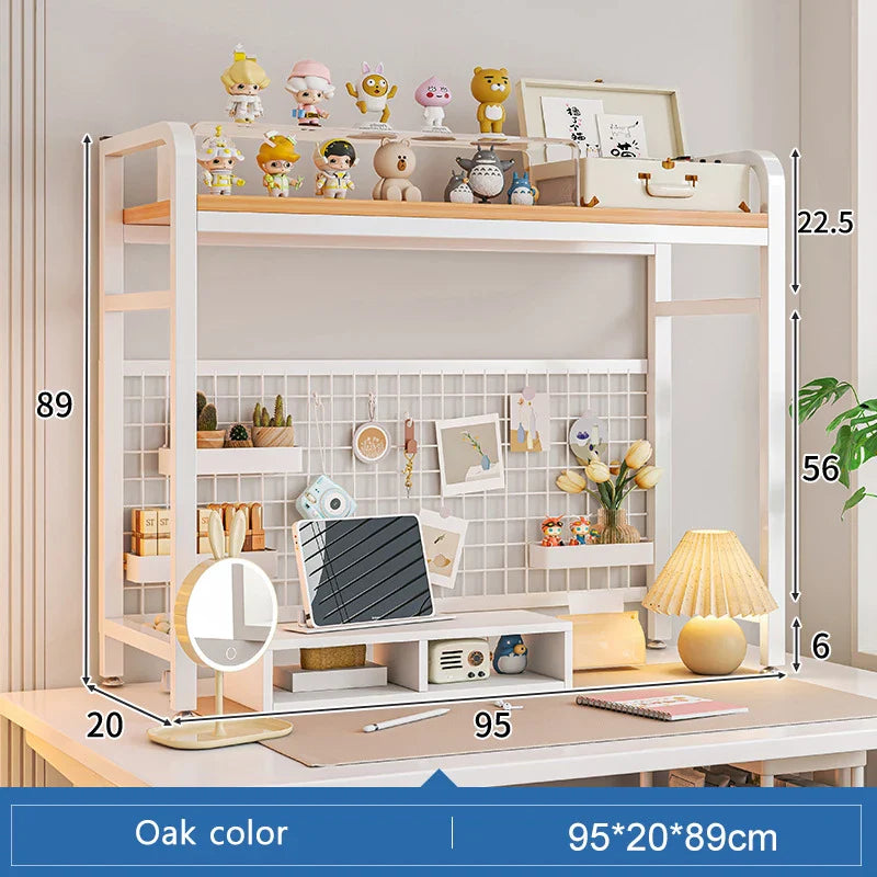 Bookcase With Grid Bookshelf Desktop Multi-layer Wrought Iron Shelf Student Computer Desk Table Hole Board Table Wooden Shelves