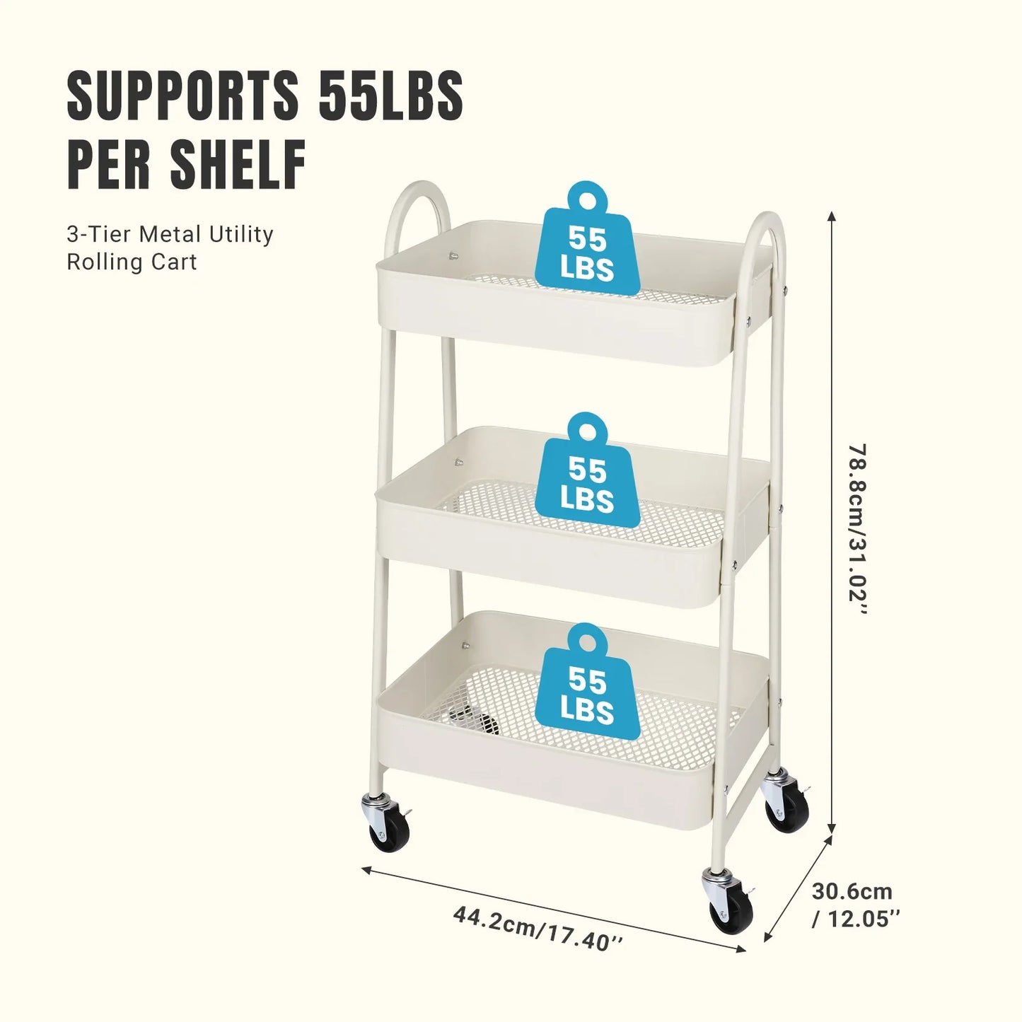 JHK 3 Tier Metal Storage Kitchen Cart with Lockable Wheels Mobile Shelving Unit Utility Rolling Organizer For Home Narrow Places