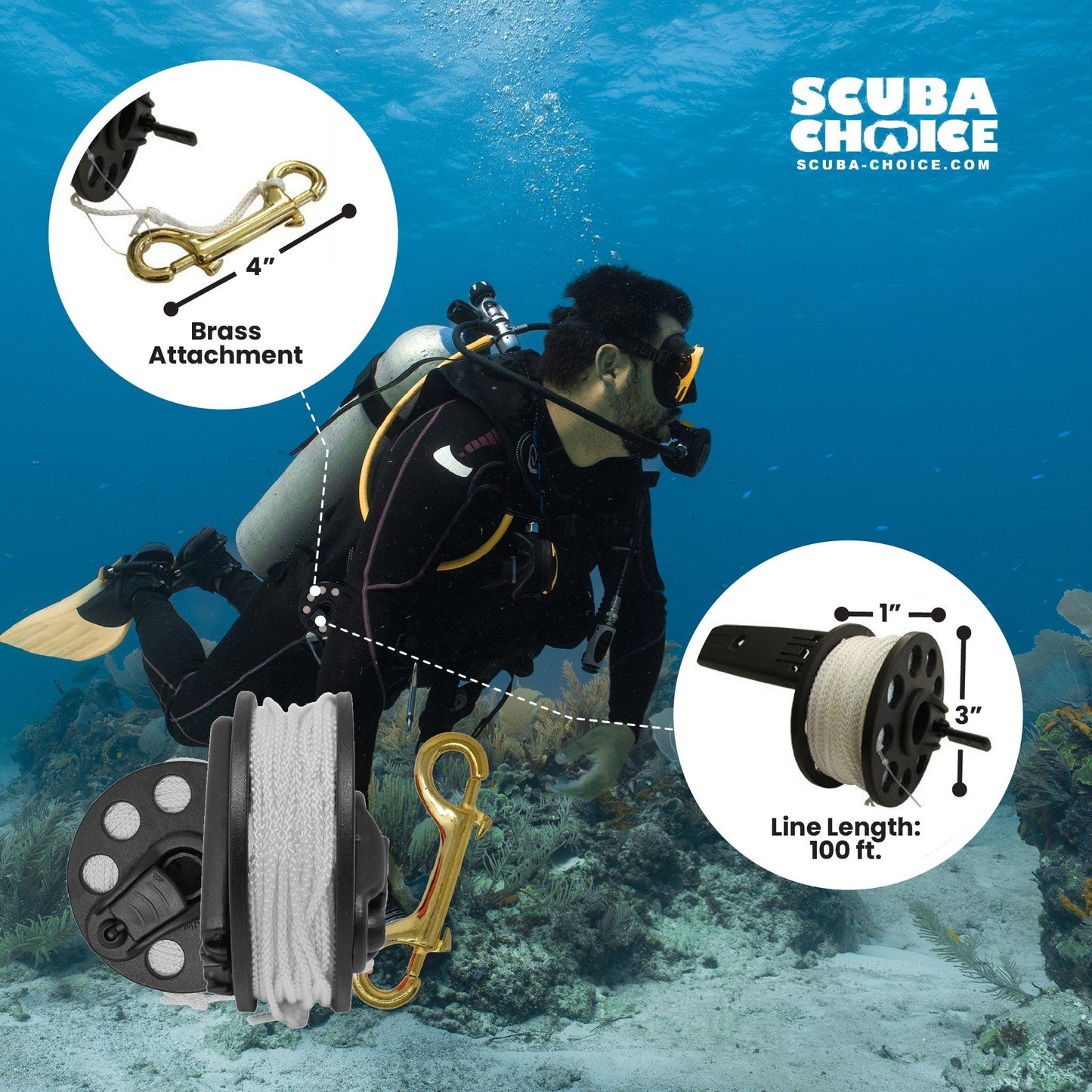Scuba Diving Dive Compact Finger Spool Reel w/ Plastic Handle 100ft - White Line
