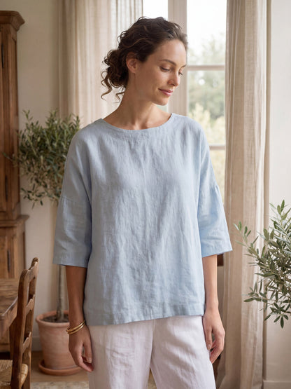 100% Linen Boatneck 3/4 Length Sleeve Top AURORA