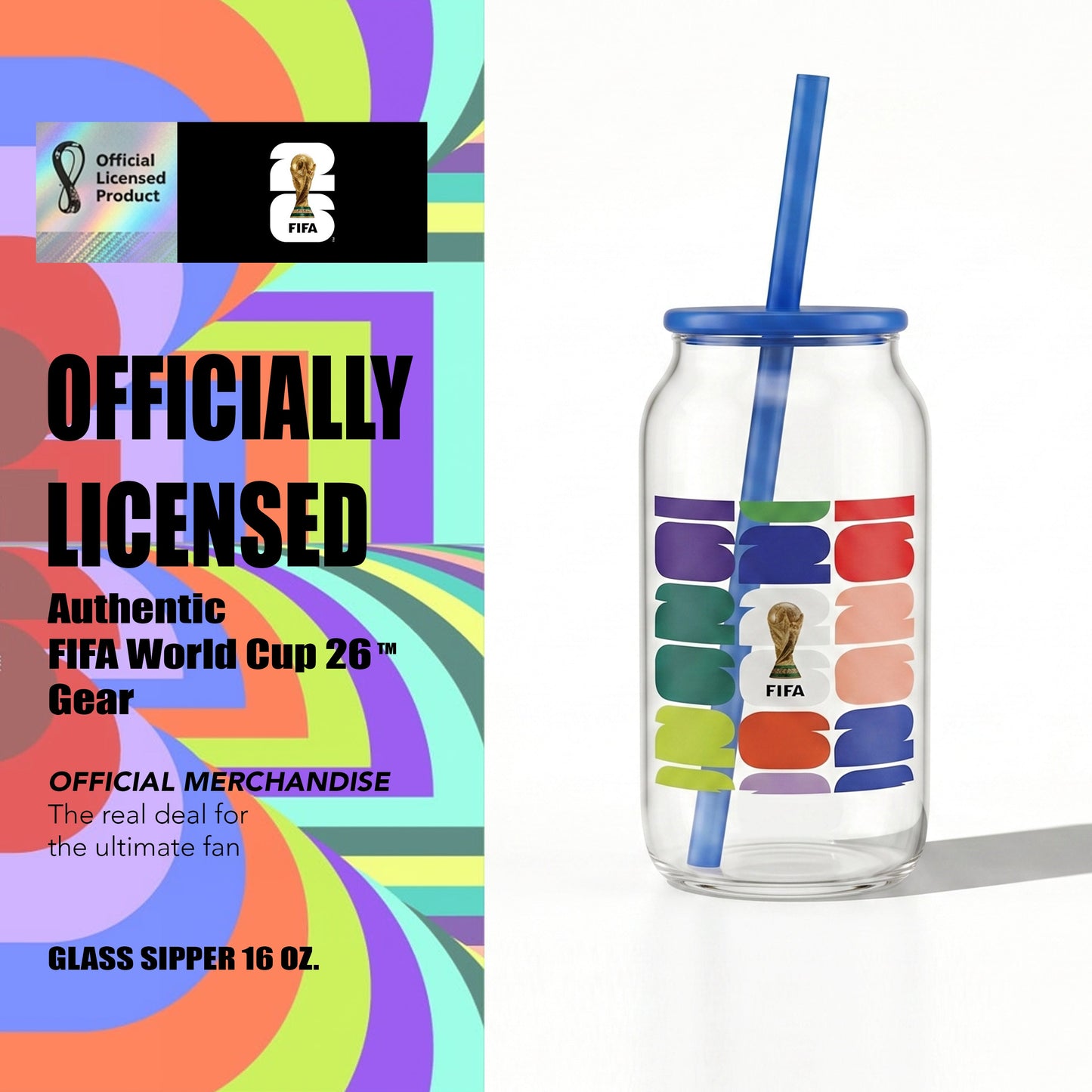Atelier Sportif Official FIFA Trophy Glass Sipper with Blue Plastic Lid & Straw 18 OZ.