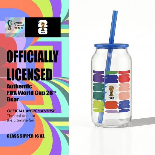 Atelier Sportif Official FIFA Trophy Glass Sipper with Blue Plastic Lid & Straw 18 OZ.
