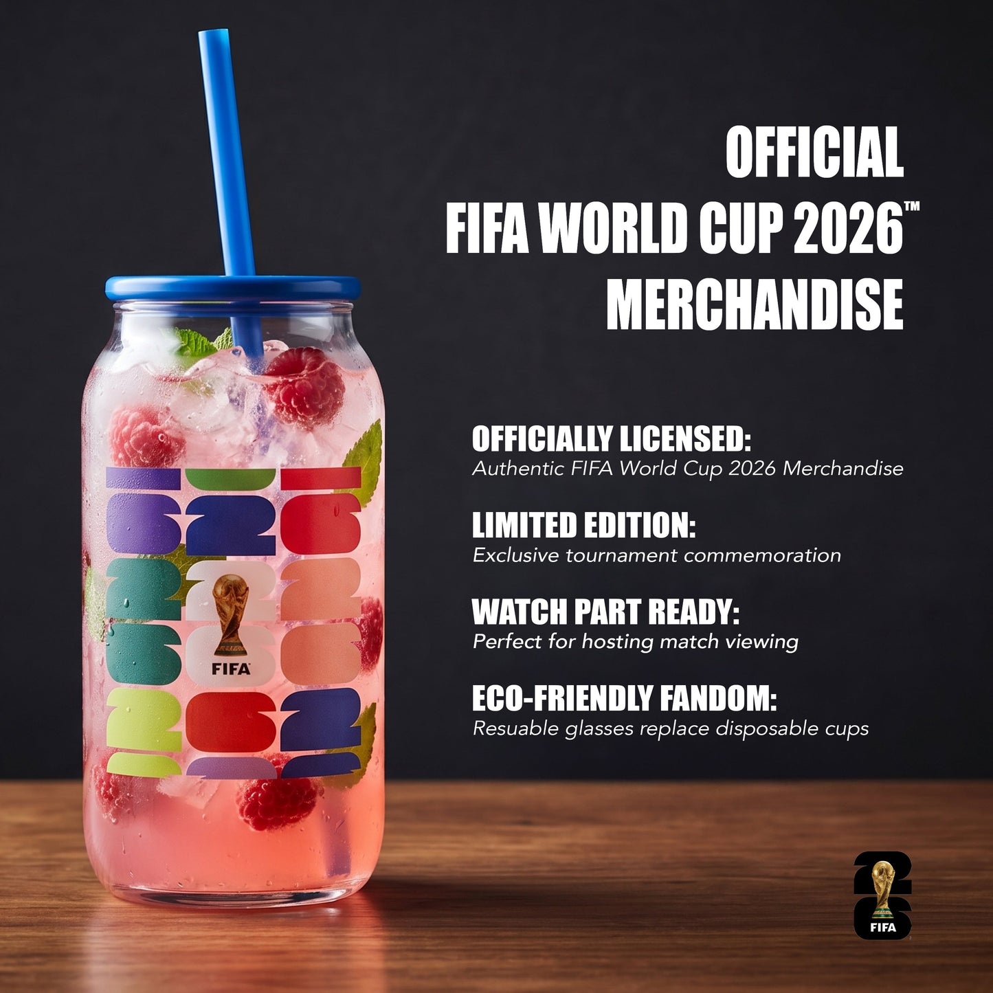 Atelier Sportif Official FIFA Trophy Glass Sipper with Blue Plastic Lid & Straw 18 OZ.