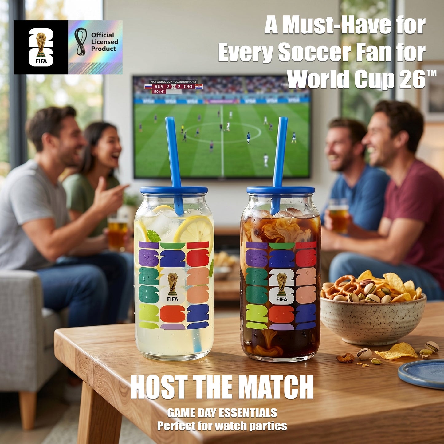 Atelier Sportif Official FIFA Trophy Glass Sipper with Blue Plastic Lid & Straw 18 OZ.