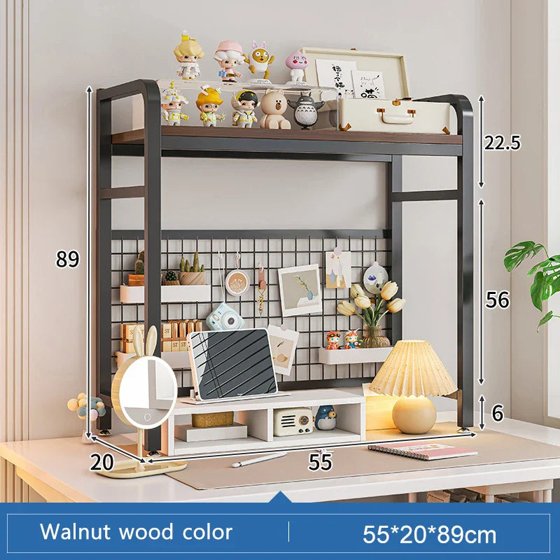 Bookcase With Grid Bookshelf Desktop Multi-layer Wrought Iron Shelf Student Computer Desk Table Hole Board Table Wooden Shelves