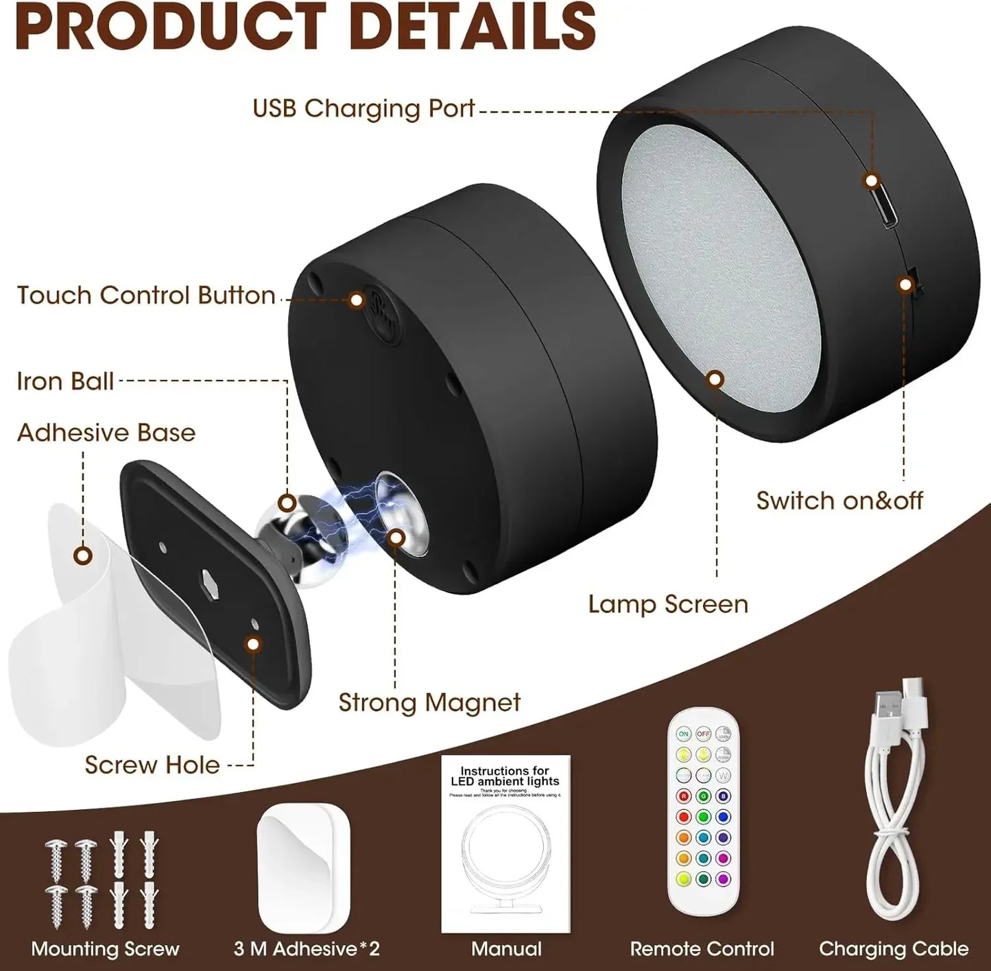 Magnetic LED Wall Light Night Dimmable Magnetic Picture Lights 360° Rotation Touch Remote Control Cabinet Spotlight Night Lamp