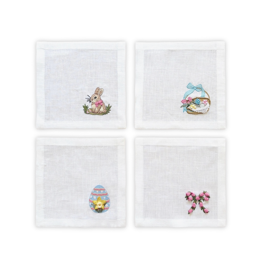 Hand Embroidered Easter Bunny Cocktail Napkins 6" x 6" (Set of 4)