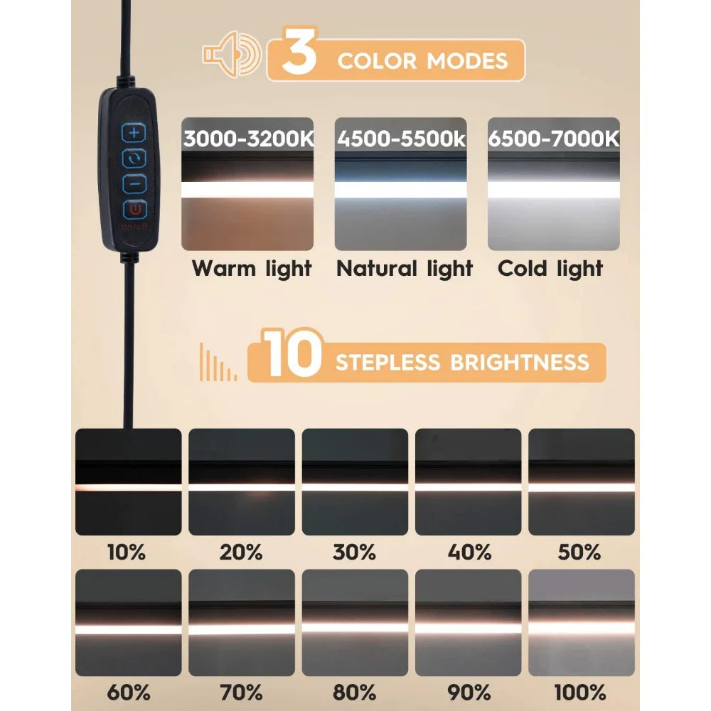 10W LED Desk Lamp with Clamp Swing Arm Eye-Caring Dimmable Desk Light 10 Brightness Levels 3 Modes USB Charging