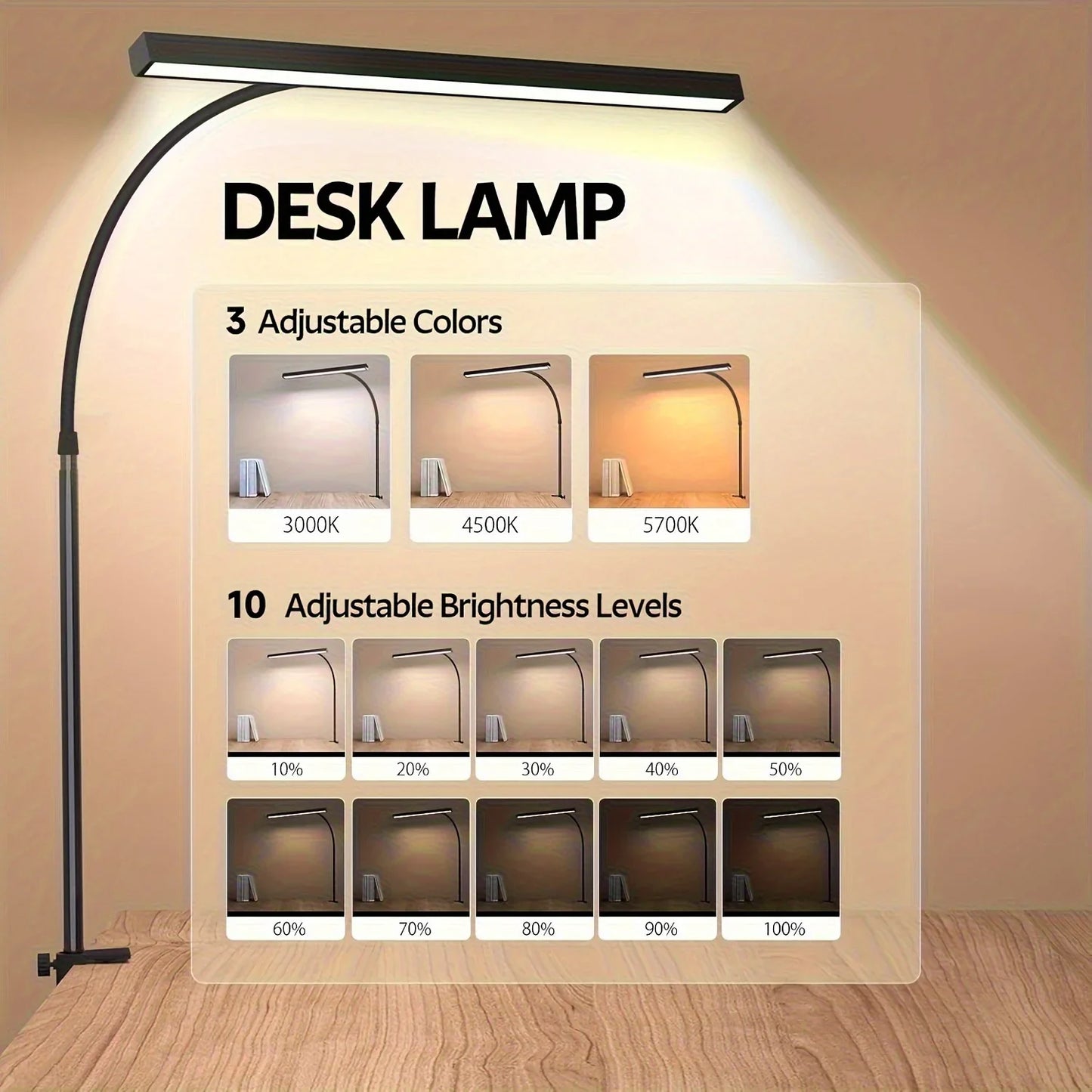 Gooseneck USB Clip On Night Reading Light with 3 Colors and 10 Levels Adjustable No remote control