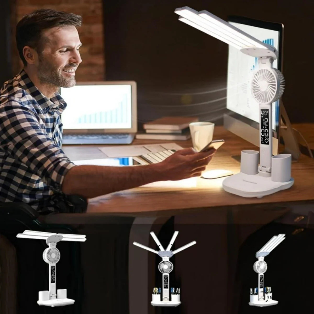 3 Color LED Table Lamp with Fan And Clock Four Headed Folding USB Charging Multifunction Desk Lamp for Reading Night Light