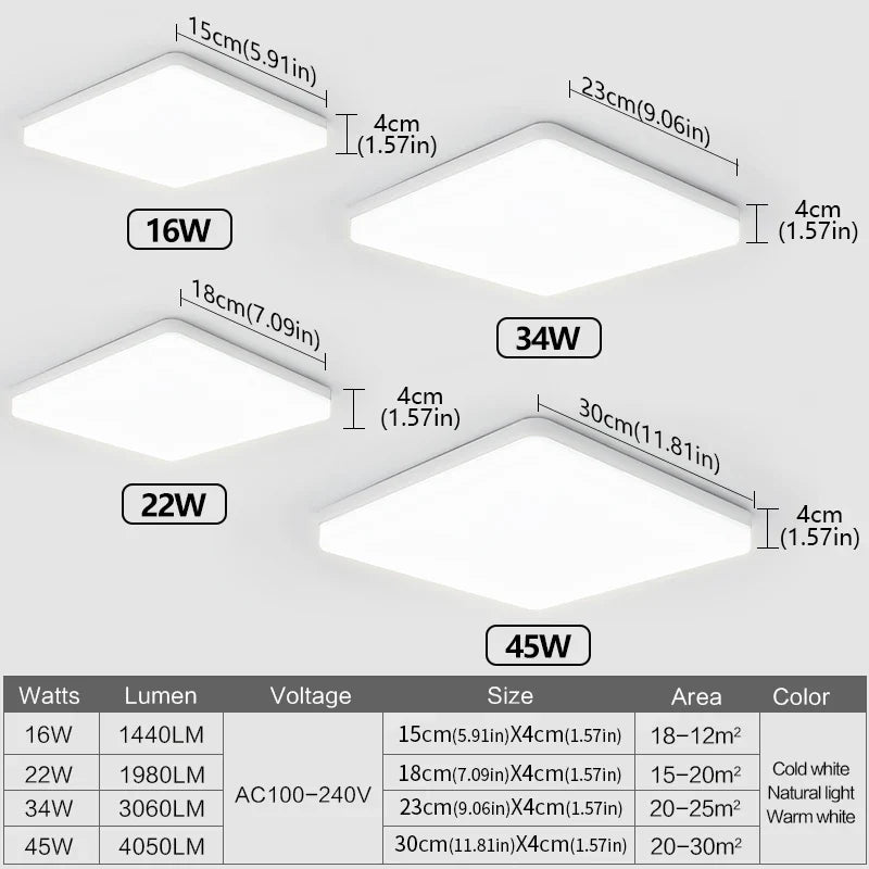 MARPOU Square Led ceiling lamp bedroom lighting Neutral white cold white warm white 48W 36W 24W 18W led ceiling light room