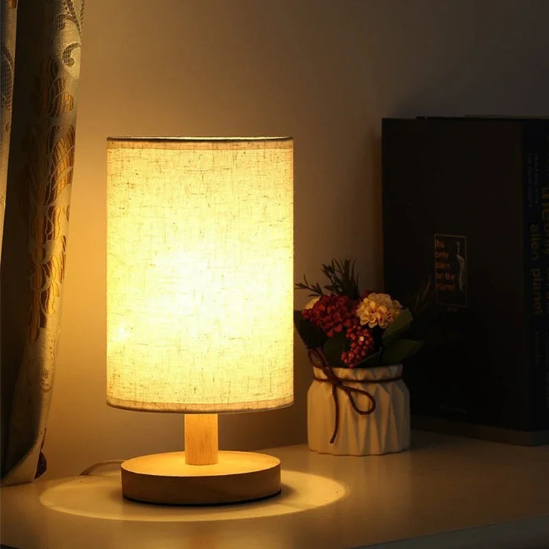 USB plug Lamp Night Lights Table Lamp For Bedroom Wooden Desk Lamp Bedside Night Light with Cylinder Lamp Shade Home Decor