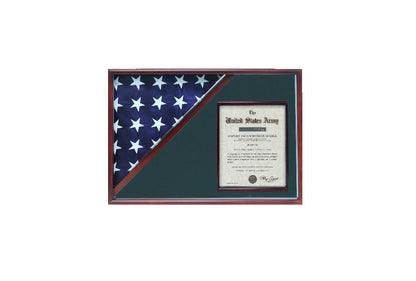 Shadow box for 5' x 9.5' flag with 8.5 x 11 Document holder, Cherry Finish