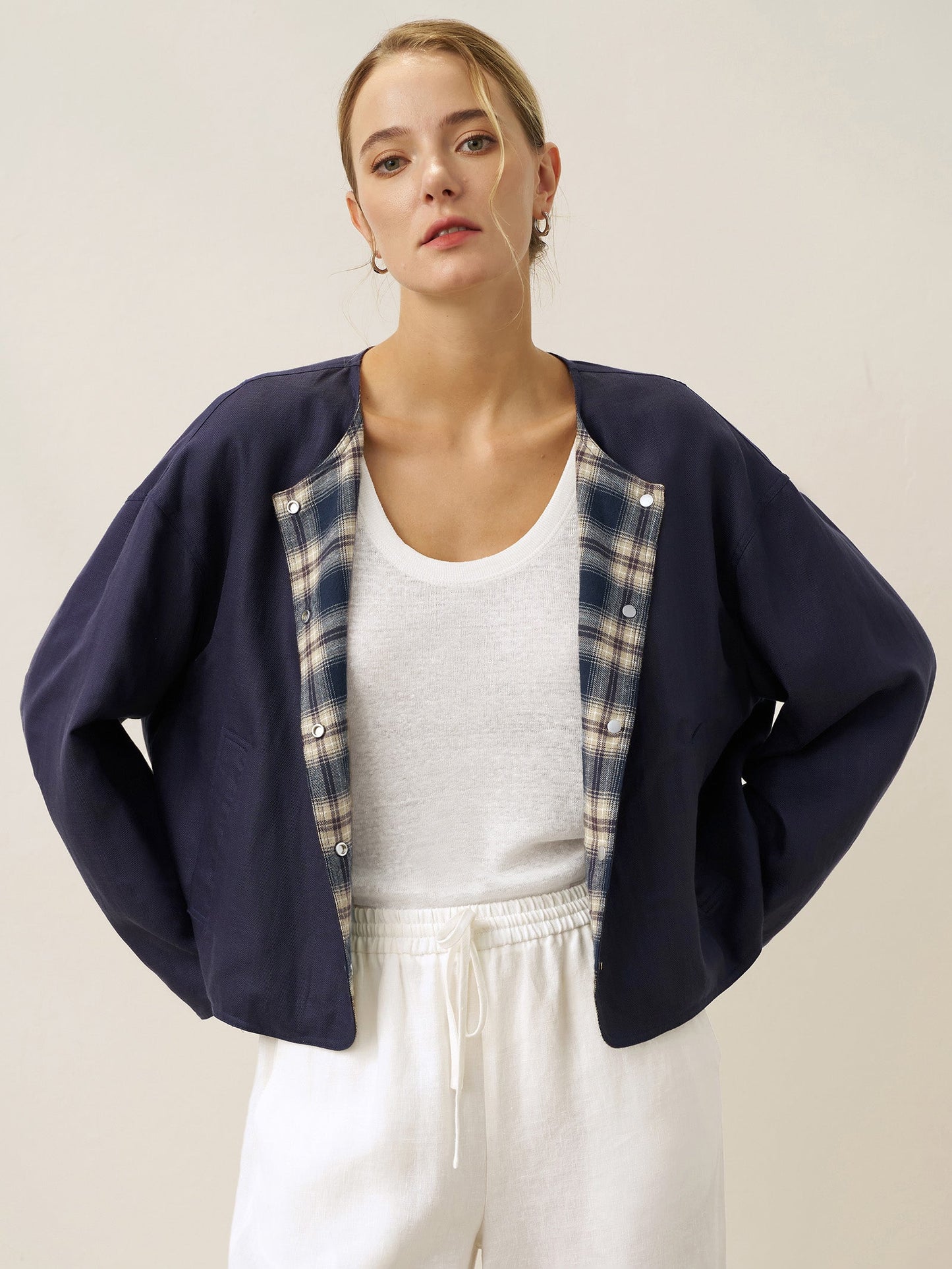 Tencel Linen Reversible Crew Neck Casual Jacket CHLOE
