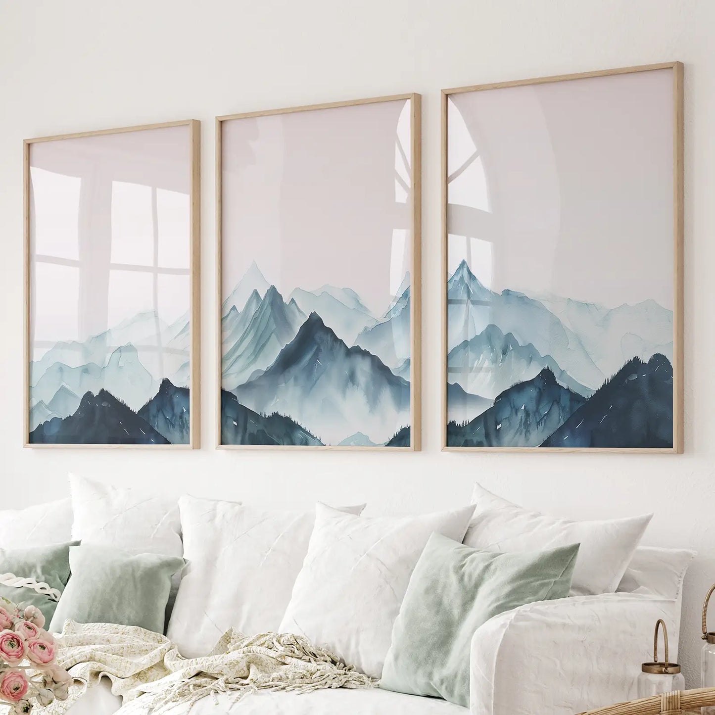 Modern Blue Watercolor Mountain Landscape Prints