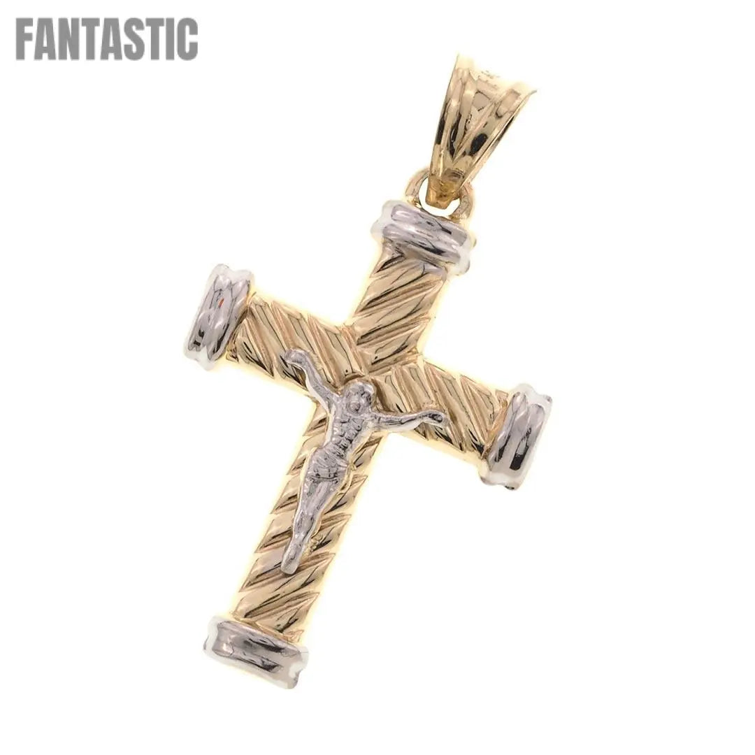 10K Gold Two-Tone Twisted Crucifix Cross Pendant