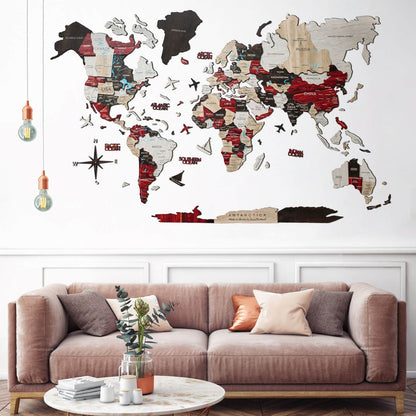 3D Luminous Colored Wooden World Map Urban
