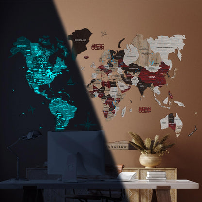 3D Luminous Colored Wooden World Map Urban
