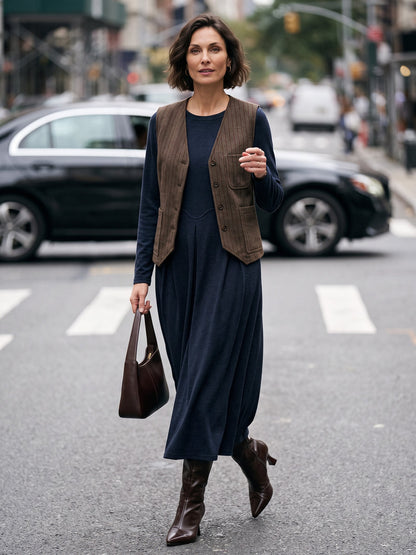 Wool Striped V-Neck Button-Detail Vest ELUNED