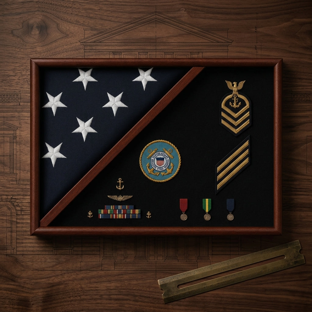 Medal Glass Display Case Shadow Box, Coast Guard Flag Display.
