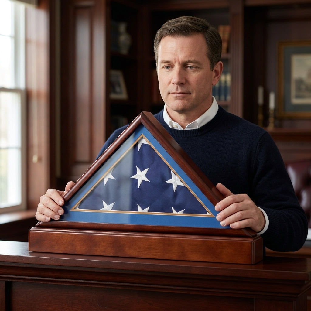 Burial/Funeral Flag Display Case Frame with Pedestal Stand - Air Force Sky Blue Mat