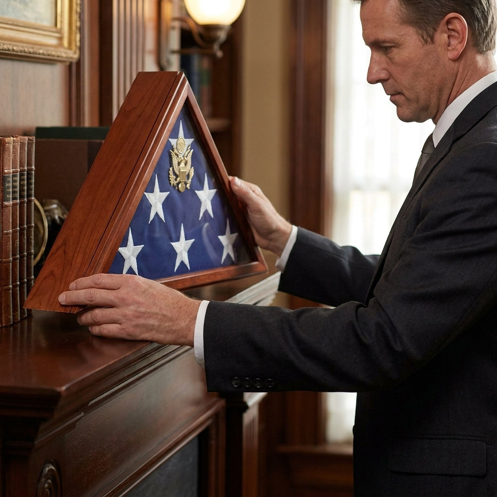 Funeral Flag Case, Flag and Urn Built In Solid wood finish back