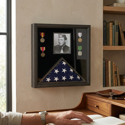 Military Photo Flag and Medal Display Case - folded 3x5 American flag