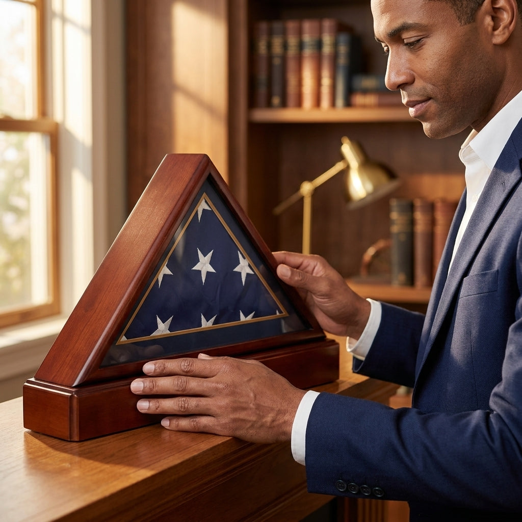 Burial/Funeral Military Shadow Box with Pedestal Stand (with Marine Dark Blue Mat)