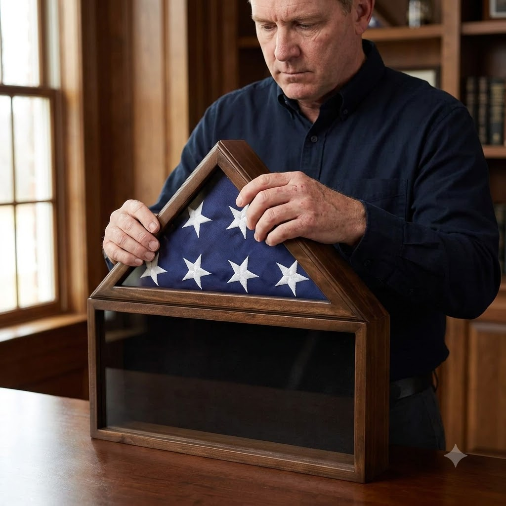 Military Shadow Box, Solid Wood with Tempered Glass Front – Cherry Finish