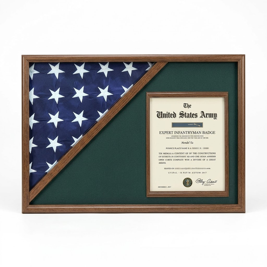 Shadow box for 5' x 9.5' flag with 8.5 x 11 Document holder, Walnut Finish
