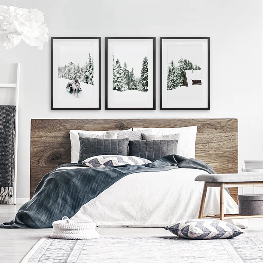 Winter Snowy Nature Triptych. Reindeer, Log Cabin, Pine Tree
