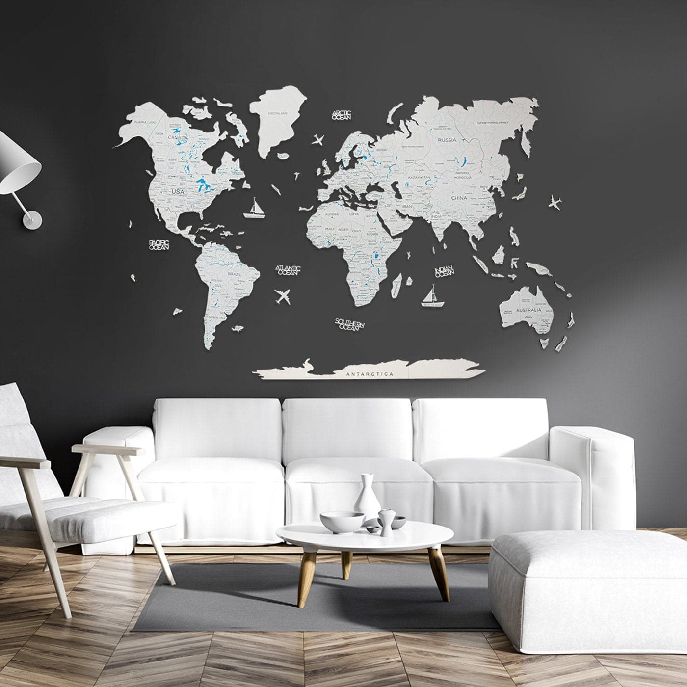 Wooden World Map Navy Blue
