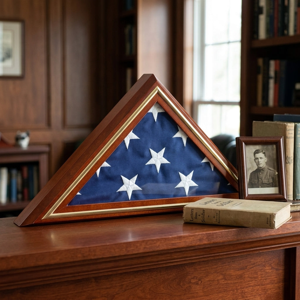 Gold Trim Flag Display Case, Gold Trim Pedestal Flag Display Case, Pedestal and Flag Case