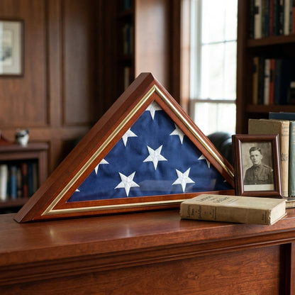 Gold Trim Flag Display Case, Gold Trim Pedestal Flag Display Case, Pedestal and Flag Case