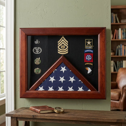 Military Flag medal display case, Mahogany wood for 3x5 flag